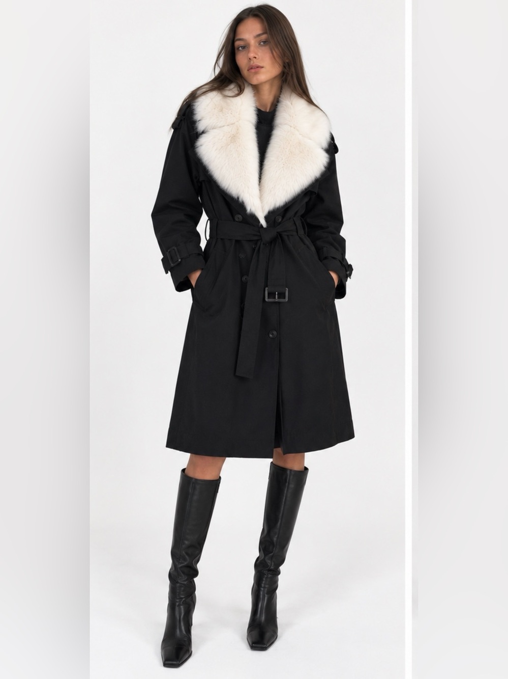 NWT JOY Kvalitet Black Trench Coat White Fox Fur Lining 2-in-1 Size S